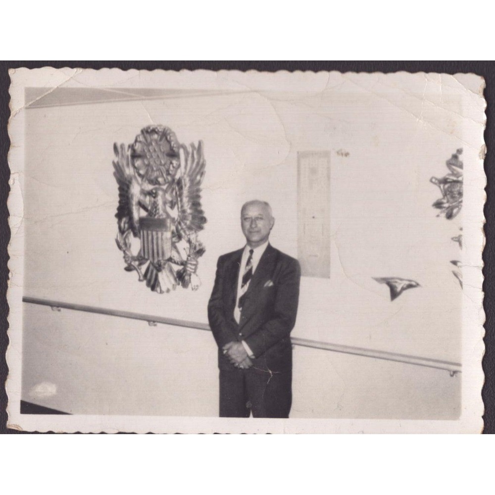 Vintage 1956 Black and White Photo Man with US Great Seal Eagle Emblem 4x3